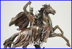 11 1/2 x 16 Medieval Times Templar Knight on Horse with Flag Statue Bronze Color