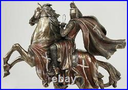 11 1/2 x 16 Medieval Times Templar Knight on Horse with Flag Statue Bronze Color