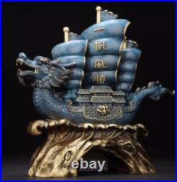 12 China Bronze Blue Luck Geomancy Sailing-boat Effigy