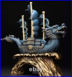 12 China Bronze Blue Luck Geomancy Sailing-boat Effigy