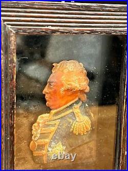 18th Century Painted Wax Profile Miniature Portrait of a Military in Shadow Box