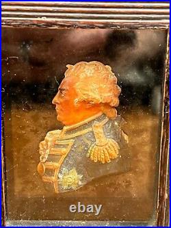 18th Century Painted Wax Profile Miniature Portrait of a Military in Shadow Box