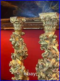 18th Century Venetian Rococo Carved Polychrome Giltwood Solomonic Columns a Pair