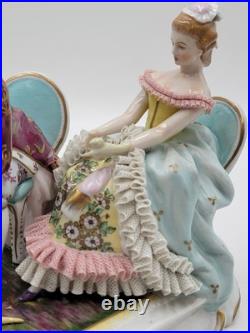 19th Century XL Sitcendorf German Hand Painted Porcelain & Lace Figural Grouping 19th Century XL Sitcendorf German Hand Painted Porcelain & Lace Figural Grouping