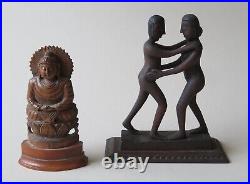 2 Old East Indian Wood Carvings - A Dancing Couple & A Seated Buddha, Mandala