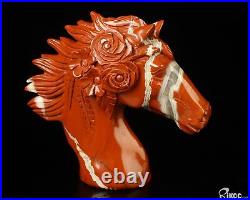 3.6 Red Jasper Hand Carved Crystal Horse and Flowers Sculpture