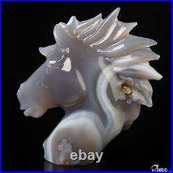 3.7 Gray & White Agate Hand Carved Crystal Horse Sculpture, Crystal Healing