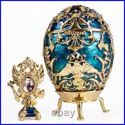 5.5 Russian Faberge Egg Replica. Tsarevich Music Box Egg, Blue and Gold