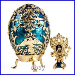 5.5 Russian Faberge Egg Replica. Tsarevich Music Box Egg, Blue and Gold