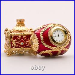 6 Red Kelch Chanticleer Faberge Egg Music Box Egg with Rooster & Clock