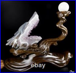 7.0 Amethyst & Agate Hand Carved Crystal Wolf and Moon Sculpture with Stand