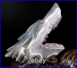 7.0 Amethyst & Agate Hand Carved Crystal Wolf and Moon Sculpture with Stand