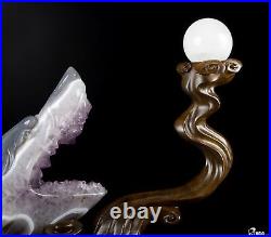 7.0 Amethyst & Agate Hand Carved Crystal Wolf and Moon Sculpture with Stand