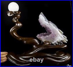 7.0 Amethyst & Agate Hand Carved Crystal Wolf and Moon Sculpture with Stand