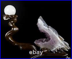 7.0 Amethyst & Agate Hand Carved Crystal Wolf and Moon Sculpture with Stand