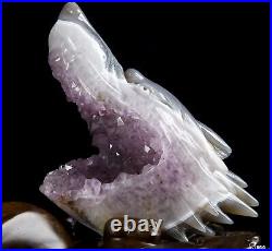 7.0 Amethyst & Agate Hand Carved Crystal Wolf and Moon Sculpture with Stand