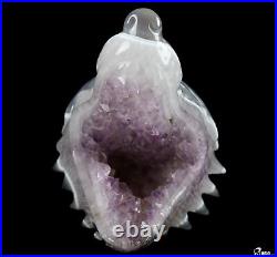 7.0 Amethyst & Agate Hand Carved Crystal Wolf and Moon Sculpture with Stand