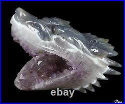 7.0 Amethyst & Agate Hand Carved Crystal Wolf and Moon Sculpture with Stand