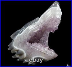 7.0 Amethyst & Agate Hand Carved Crystal Wolf and Moon Sculpture with Stand