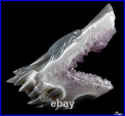 7.0 Amethyst & Agate Hand Carved Crystal Wolf and Moon Sculpture with Stand