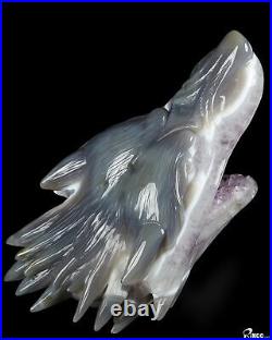 7.0 Amethyst & Agate Hand Carved Crystal Wolf and Moon Sculpture with Stand