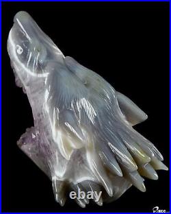 7.0 Amethyst & Agate Hand Carved Crystal Wolf and Moon Sculpture with Stand