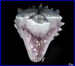 7.0 Amethyst & Agate Hand Carved Crystal Wolf and Moon Sculpture with Stand