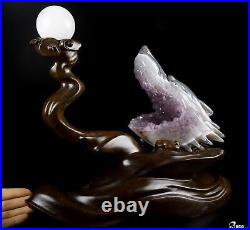 7.0 Amethyst & Agate Hand Carved Crystal Wolf and Moon Sculpture with Stand