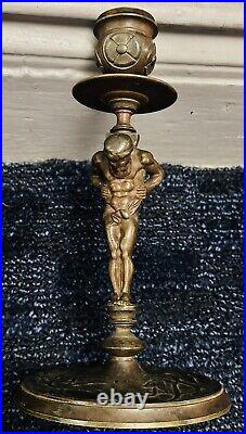 8 Tall Bronze Statue Man Holding Candlestick On His Back