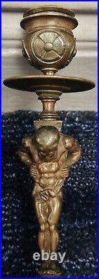 8 Tall Bronze Statue Man Holding Candlestick On His Back