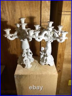 ANTIQUE ITALIAN WHITE BISQUE GLAZE PORCELAIN CANDLEBRA STAMPED ITALY CHERUBS Set