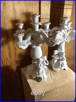 ANTIQUE ITALIAN WHITE BISQUE GLAZE PORCELAIN CANDLEBRA STAMPED ITALY CHERUBS Set