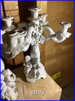 ANTIQUE ITALIAN WHITE BISQUE GLAZE PORCELAIN CANDLEBRA STAMPED ITALY CHERUBS Set