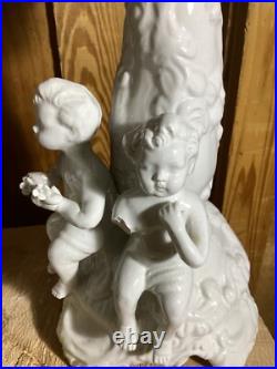 ANTIQUE ITALIAN WHITE BISQUE GLAZE PORCELAIN CANDLEBRA STAMPED ITALY CHERUBS Set