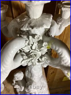 ANTIQUE ITALIAN WHITE BISQUE GLAZE PORCELAIN CANDLEBRA STAMPED ITALY CHERUBS Set