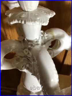 ANTIQUE ITALIAN WHITE BISQUE GLAZE PORCELAIN CANDLEBRA STAMPED ITALY CHERUBS Set