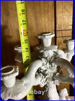 ANTIQUE ITALIAN WHITE BISQUE GLAZE PORCELAIN CANDLEBRA STAMPED ITALY CHERUBS Set