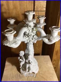 ANTIQUE ITALIAN WHITE BISQUE GLAZE PORCELAIN CANDLEBRA STAMPED ITALY CHERUBS Set