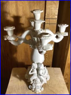 ANTIQUE ITALIAN WHITE BISQUE GLAZE PORCELAIN CANDLEBRA STAMPED ITALY CHERUBS Set