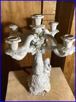 ANTIQUE ITALIAN WHITE BISQUE GLAZE PORCELAIN CANDLEBRA STAMPED ITALY CHERUBS Set