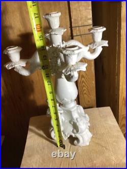 ANTIQUE ITALIAN WHITE BISQUE GLAZE PORCELAIN CANDLEBRA STAMPED ITALY CHERUBS Set
