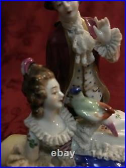 Aelteste Volkstedt Antique Dresden Lace Porcelain Figurine Couple With Parrot