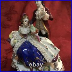 Aelteste Volkstedt Antique Dresden Lace Porcelain Figurine Couple With Parrot
