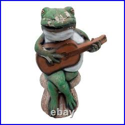 Anthropomorphic Frog Playing Guitar On Mushroom Cement Sculpture Yard Art 14 Inc