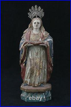 Antique 18th C carved wooden statue Madonna Holy Mary, glass eyes & polychrome