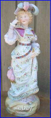 Antique All Bisque French Figure Woman Feathered Hat Large Statue