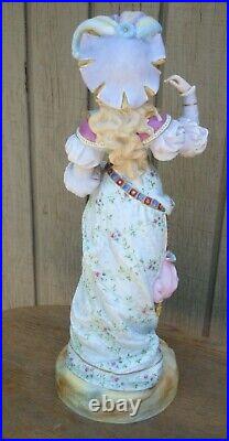 Antique All Bisque French Figure Woman Feathered Hat Large Statue