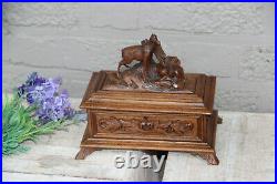 Antique Black forest Swiss wood carved box jewelry trinket 19th c deer animal