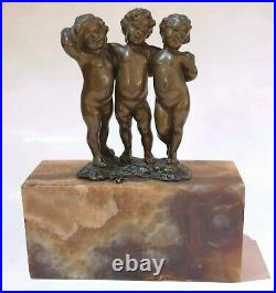 Antique Bronze Three Putti By Andor Ruff Art Nouveau Kid Waist Marble Rare Old