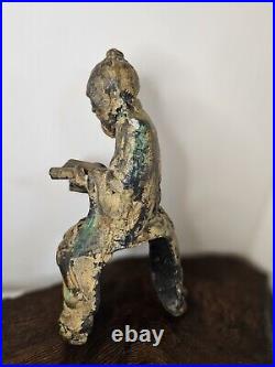 Antique Cast Iron Chinese Roof Tile Old Man Reading A Scroll Rare